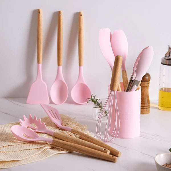 12‑Piece Silicone Cooking Utensil Set with Wooden Handles + Holder (Random Color)