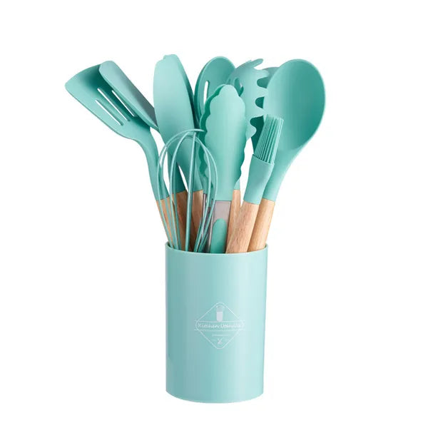 12‑Piece Silicone Cooking Utensil Set with Wooden Handles + Holder (Random Color)