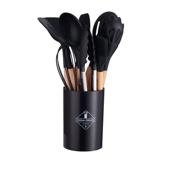 12‑Piece Silicone Cooking Utensil Set with Wooden Handles + Holder (Random Color)