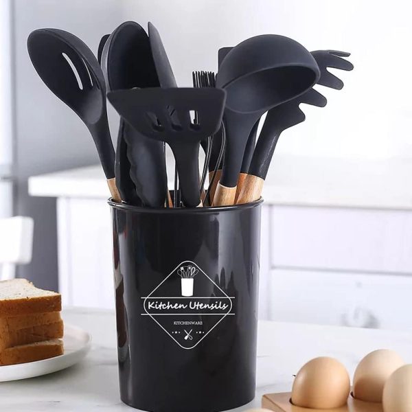 12‑Piece Silicone Cooking Utensil Set with Wooden Handles + Holder (Random Color)