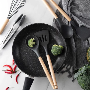 12‑Piece Silicone Cooking Utensil Set with Wooden Handles + Holder (Random Color)