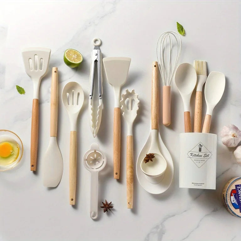 12‑Piece Silicone Cooking Utensil Set with Wooden Handles + Holder (Random Color)