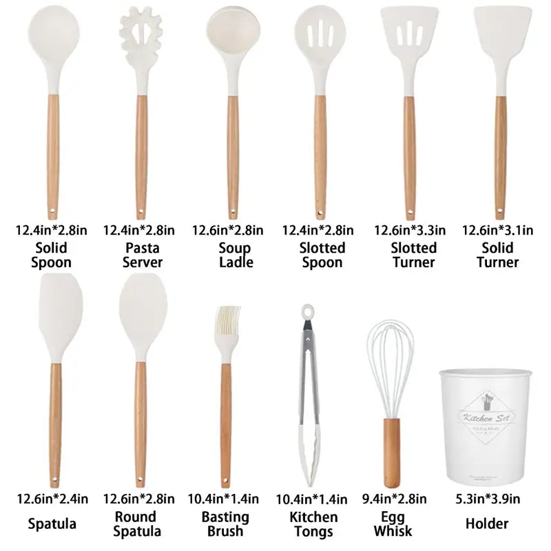 12‑Piece Silicone Cooking Utensil Set with Wooden Handles + Holder (Random Color)