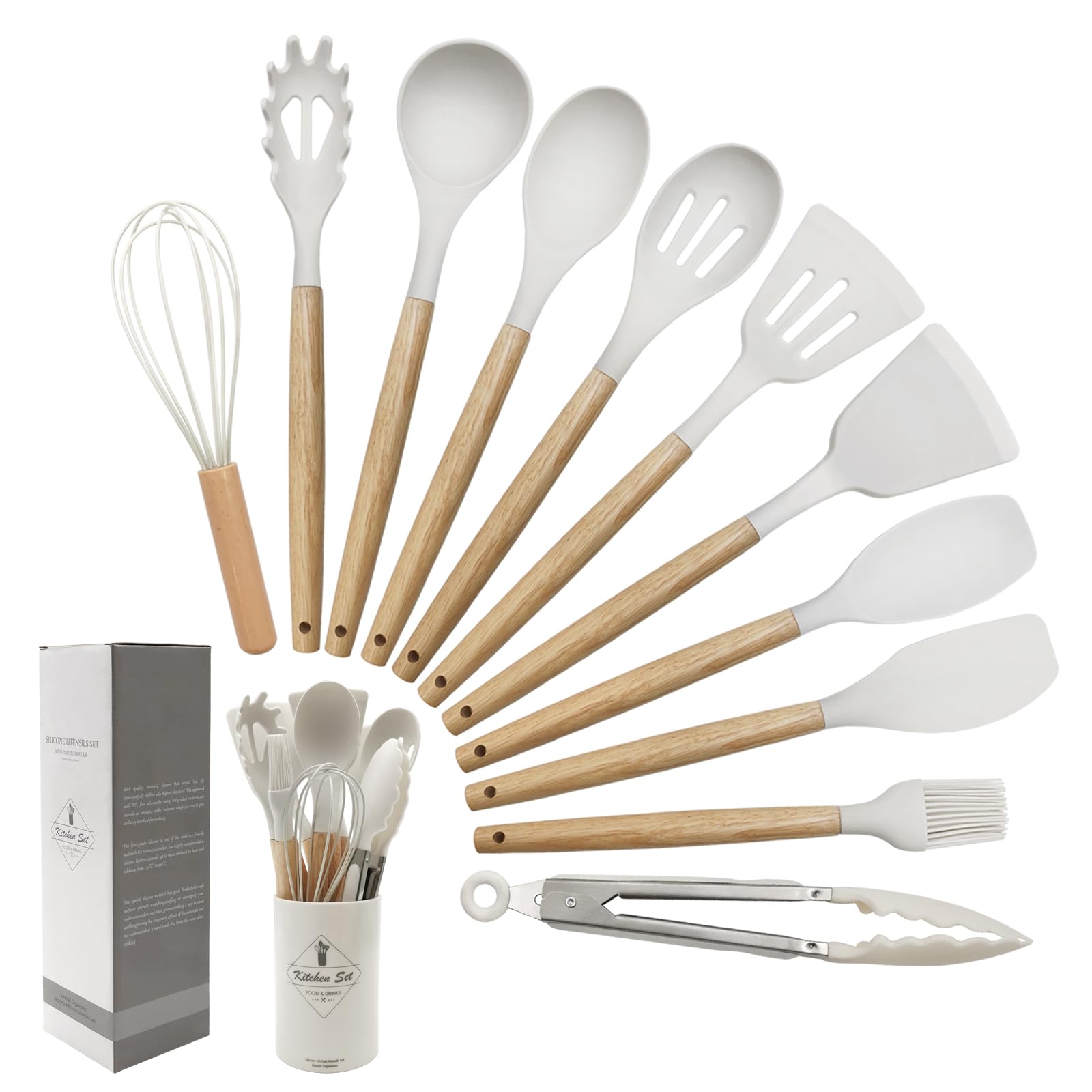 12‑Piece Silicone Cooking Utensil Set with Wooden Handles + Holder (Random Color)