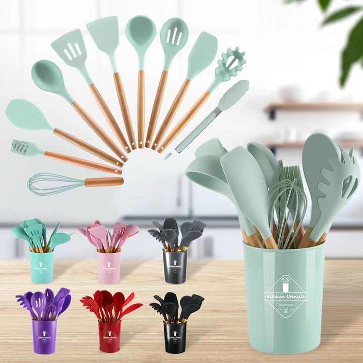 12‑Piece Silicone Cooking Utensil Set with Wooden Handles + Holder (Random Color)