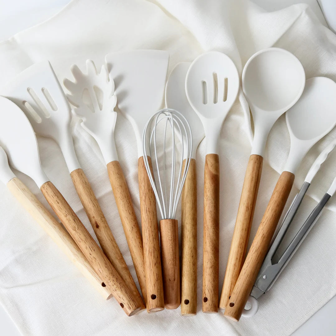 12‑Piece Silicone Cooking Utensil Set with Wooden Handles + Holder (Random Color)