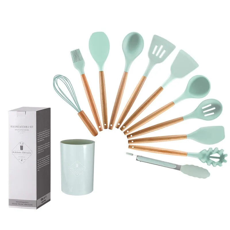 12‑Piece Silicone Cooking Utensil Set with Wooden Handles + Holder (Random Color)