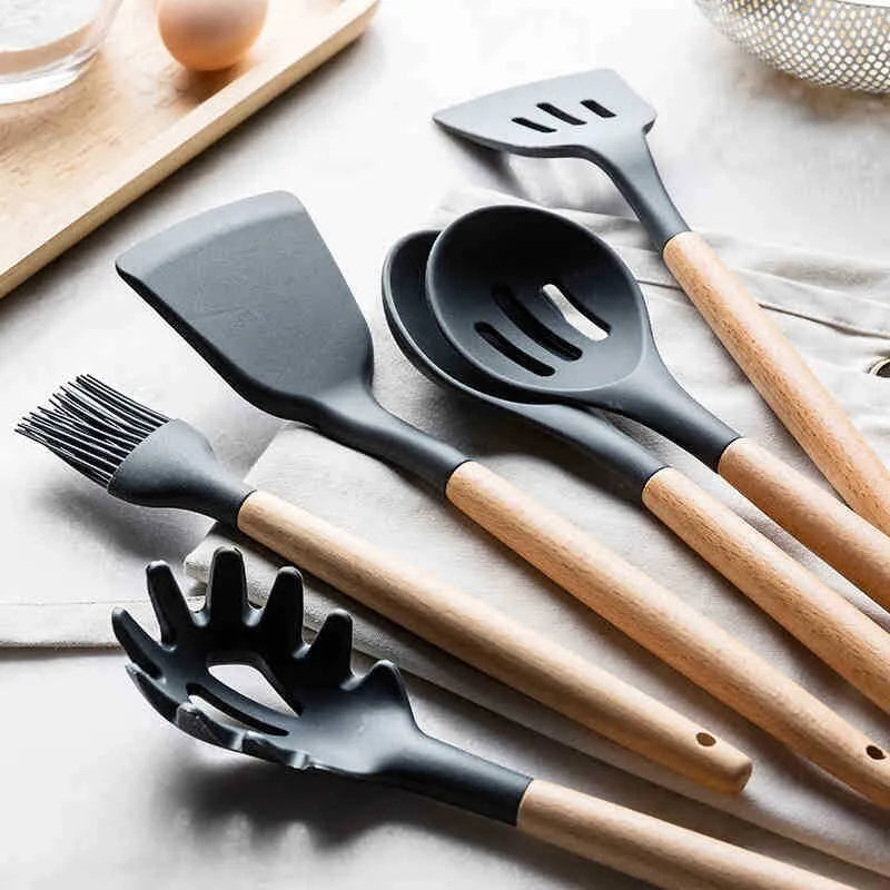 12‑Piece Silicone Cooking Utensil Set with Wooden Handles + Holder (Random Color)